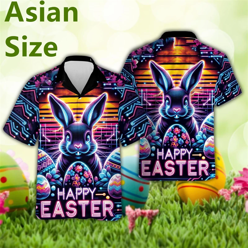 2025 Easter 3D Printed Men's Shirts Funny Cute Cartton Rabbit Eggs Pattern Short Sleeve Lapel Button Casual Shirt Bunny Tops