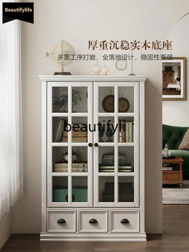 

American solid wood bookcase floor-to-ceiling retro home living room storage dust-proof glass door display cabinet D80