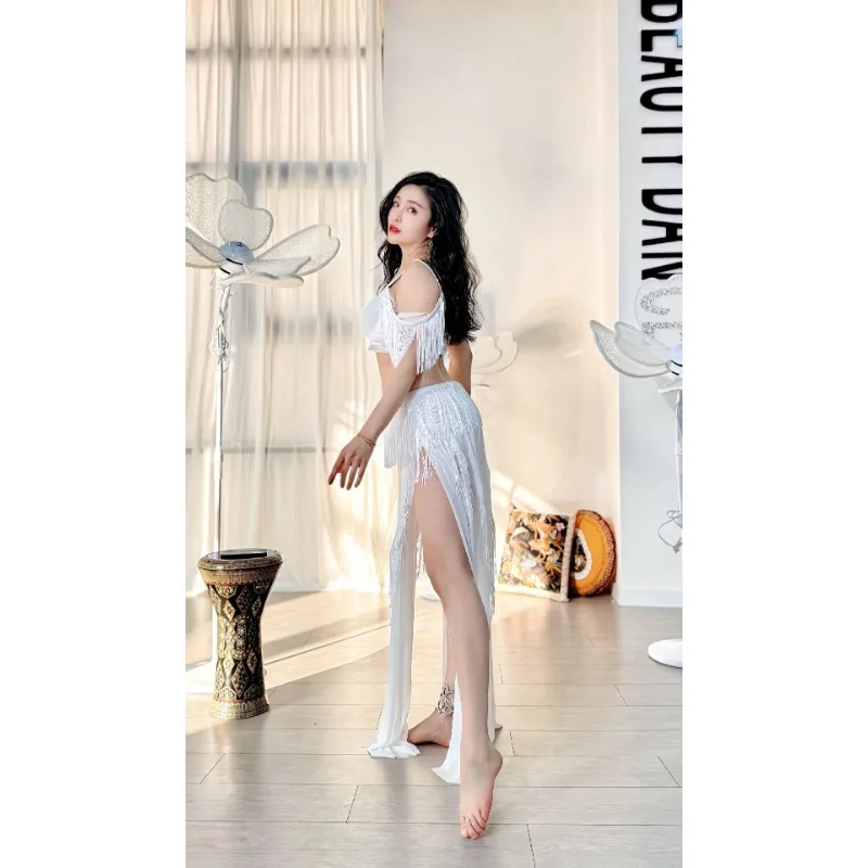 맞춤형 밸리 댄스 의상 연습 영감을받은 술 스커트 메쉬 스커트 긴 섹시한 흰색 플러스 사이즈 삼바 카니발 의상