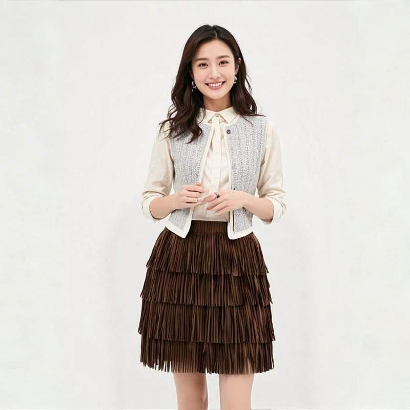 

Miyake Fold 2025 Spring and Autumn Solid Color Tassel Half Skirt Pleat Fashionable and Comfortable Elastic Waist Bag Hip Skirt