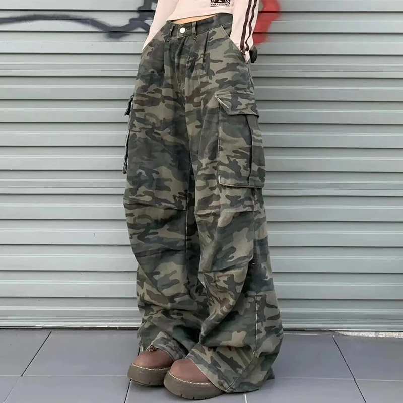 Women Y2K Camouflage Cargo Jeans Vintage High Waist Hip Hop Wide Leg Pants Female Street Wear Baggy Straight Denim Trouser