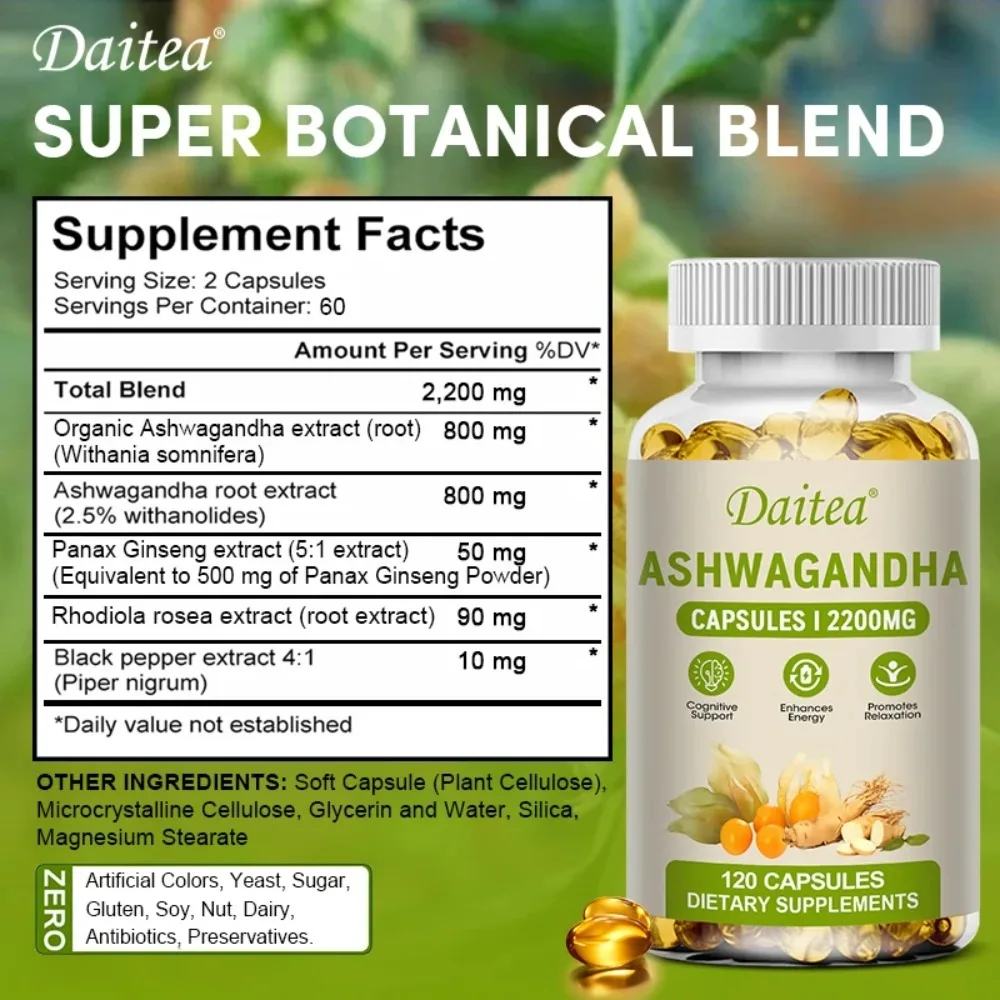 High Potency Ashwagandha 2200mg + Black Pepper Extract for Stress Relief & Immune Support, 120 Softgels