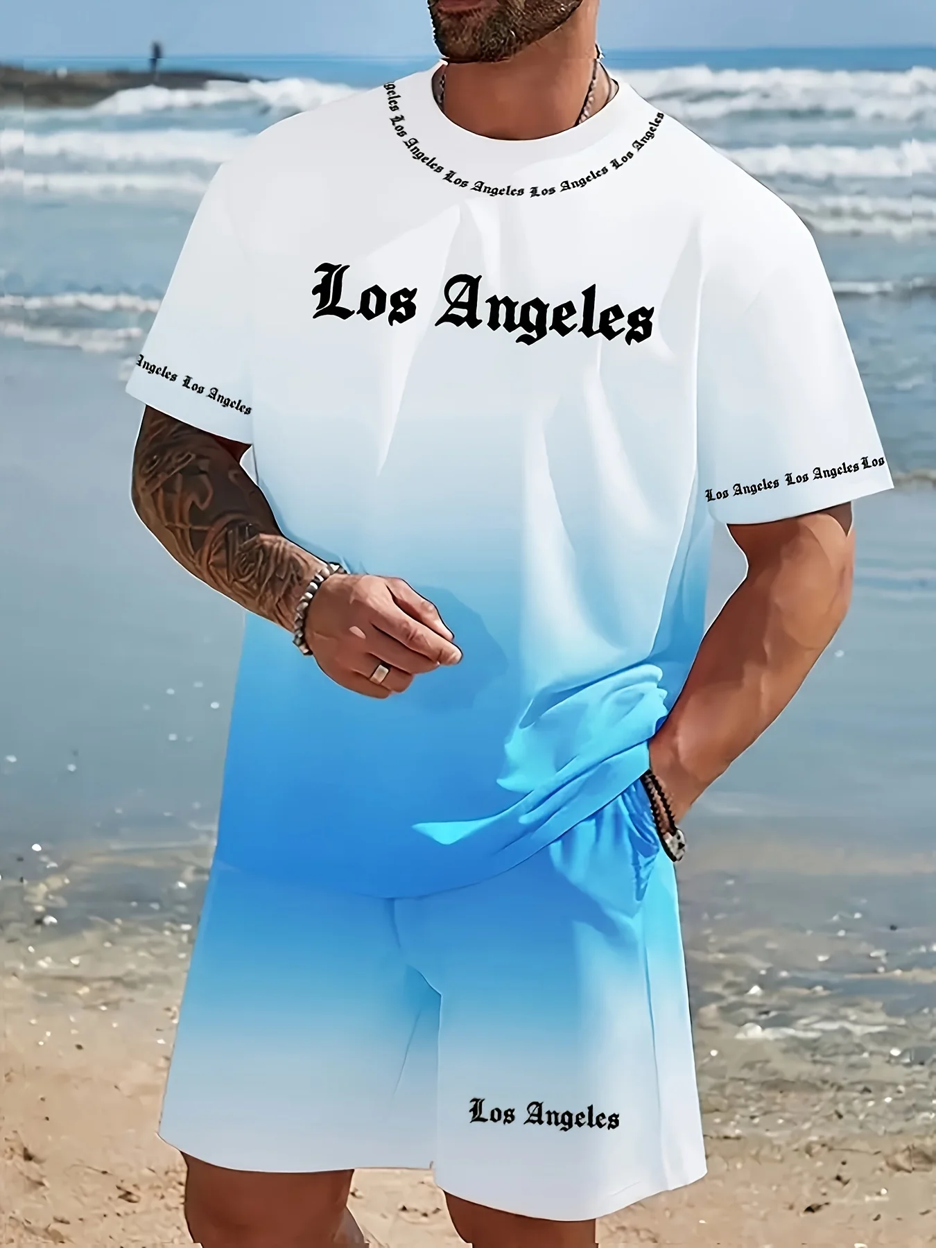 2026 Summer New Arrivals Minimalist Casual Men's Short-Sleeve T-Shirt with Letter Print Casual Shorts Streetwear Men's Set view 3
