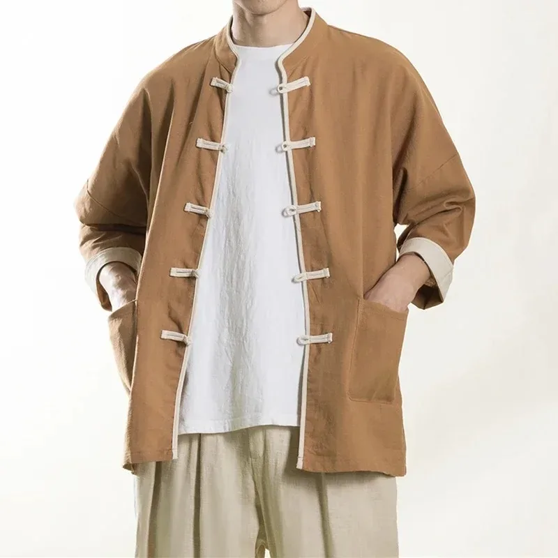 Chinese Traditional Dress Spring Summer Cotton Line Shirt Men Clothing Plus Size Casual Thin Tops Tang Suit Vintage Coat 2024