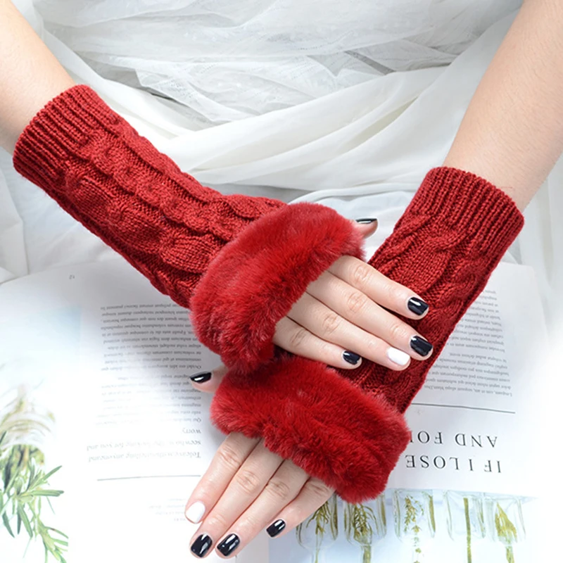 Autumn Winter Women Knit Fingerless Gloves Fashion Lady Long Pure Color Glove