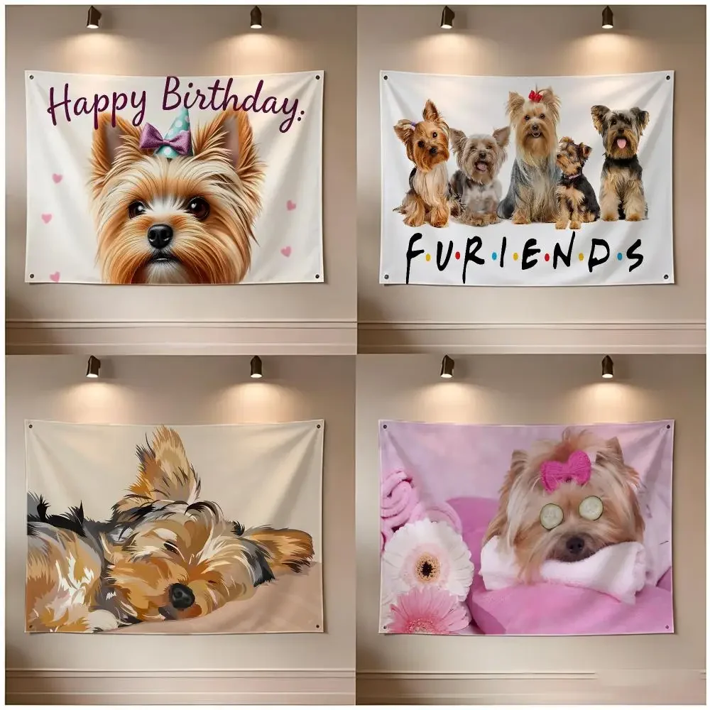 Adorable Spirited Animal Yorkshire Terrier Dog Flags Borderless Four Ring Ornament Indoor Outdoor Decoration Quick Hang Install