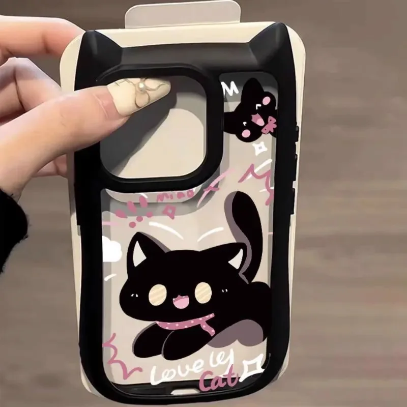Capa de telefone tridimensional com orelha de gato cachecol rosa adequada para iPhone 16 15 14 13 12 11 Pro/ Max/Plus à prova de choque