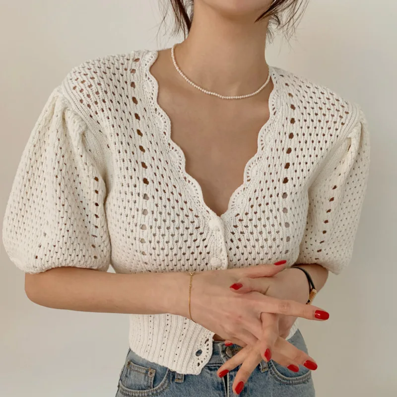 Puff Sleeve Hollow Crochet Flower Cardigan Women's Elegant V-neck Slim Knitted Crop Top 2023 Summer Casual Knit Sweater Sweater
