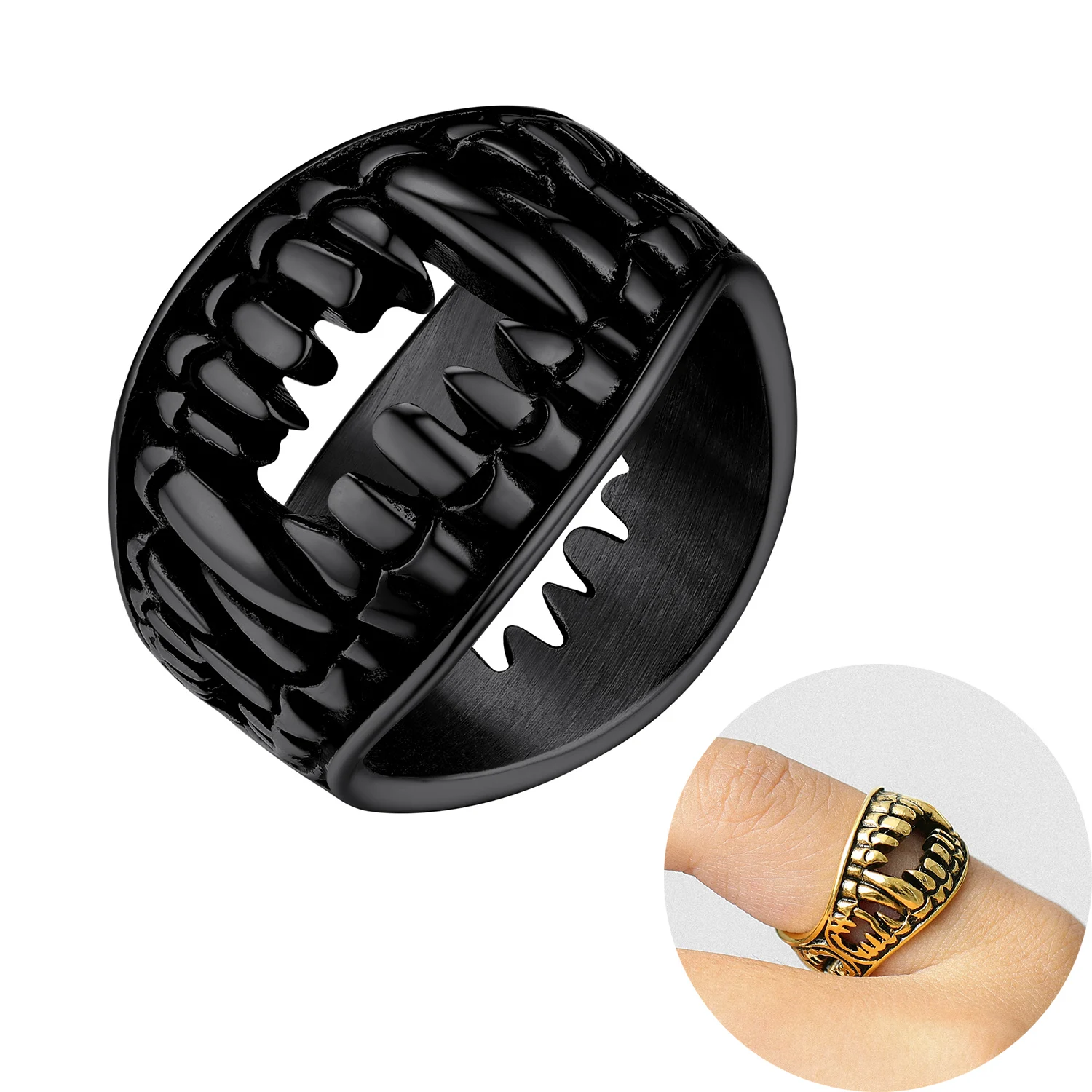 U7 Stainless Steel Double Sides Teeth Rings for Man Woman Manmade Vintage Effect Size 7-14 Gothic Punk Cool Jewelry Gift