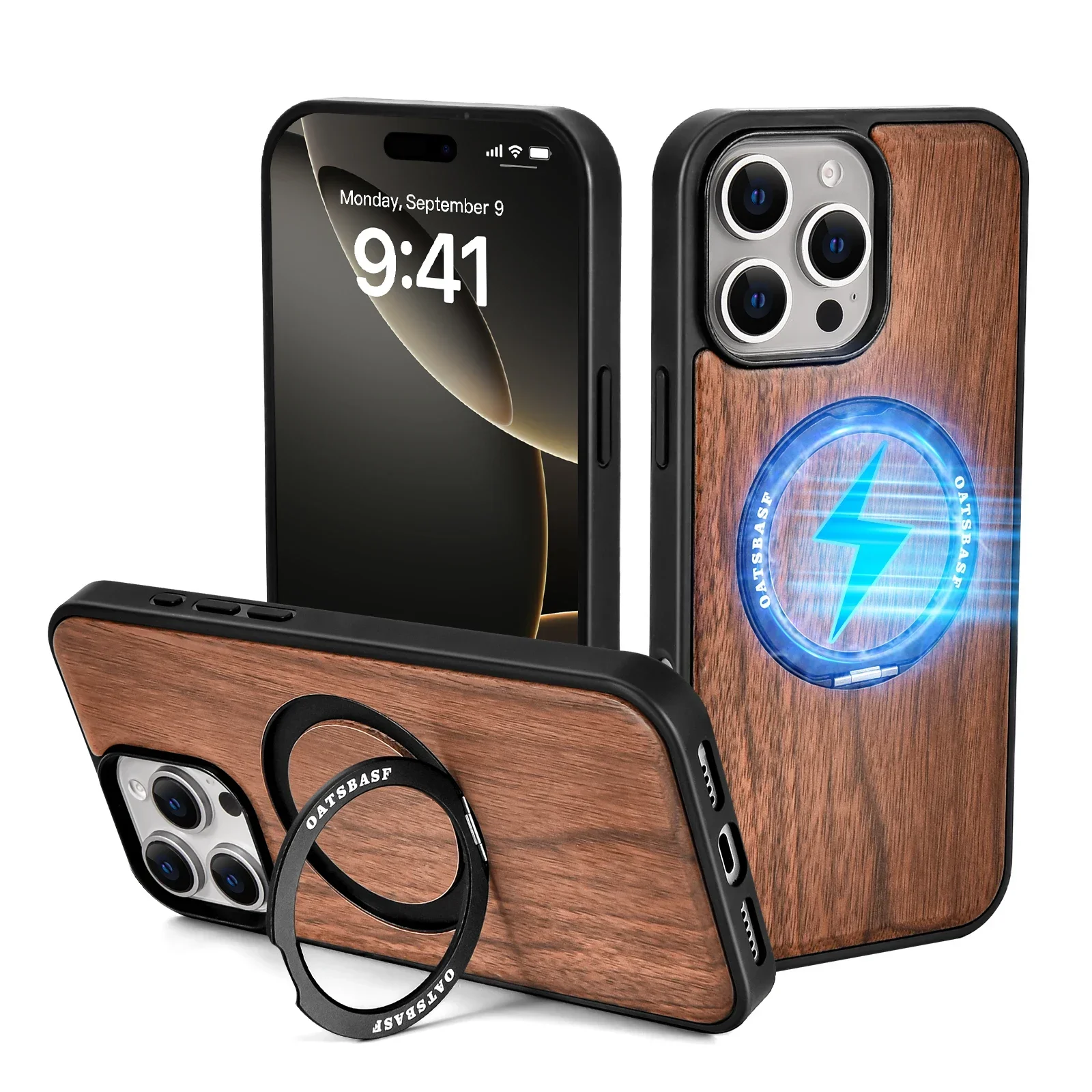 

Eary Wooden Phone Case for iPhone 16 15 Pro Max with Magsafe Magnetic Ring Stand Frameless Protective Cover Wireless Charging