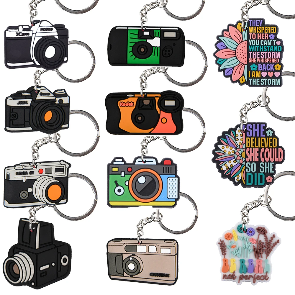 5pcs Colorful Camera Keychains Boys Girls pink yellow Notes Keyrings Kids Black Cross Key Chains D Key Rings For Men Women Gifts