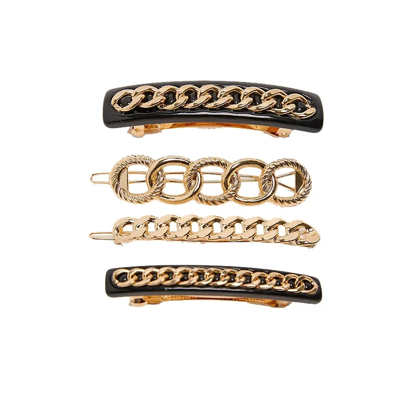 Fashion Chain Hair Clip Acetate Alloy Hairgrip Barrettes Hairpin Geometric Gold Color Side Pins Women Hair Accessories