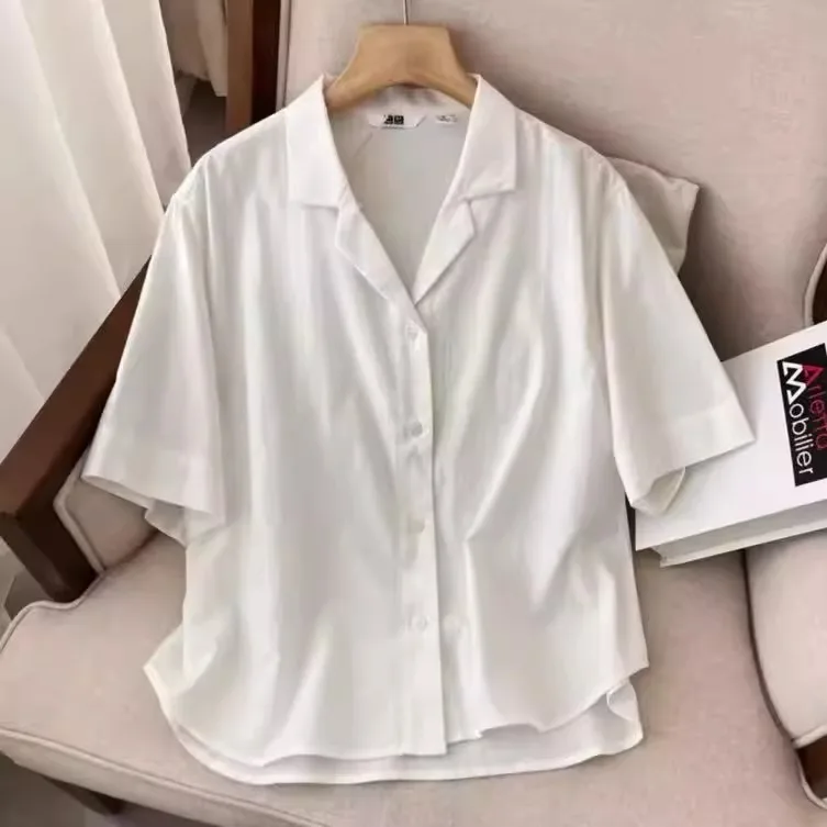 

New Women's Summer Lightweight Breathable Cotton Linen Blend Simple Color Versatile Turn-down Collar ort Sve irt