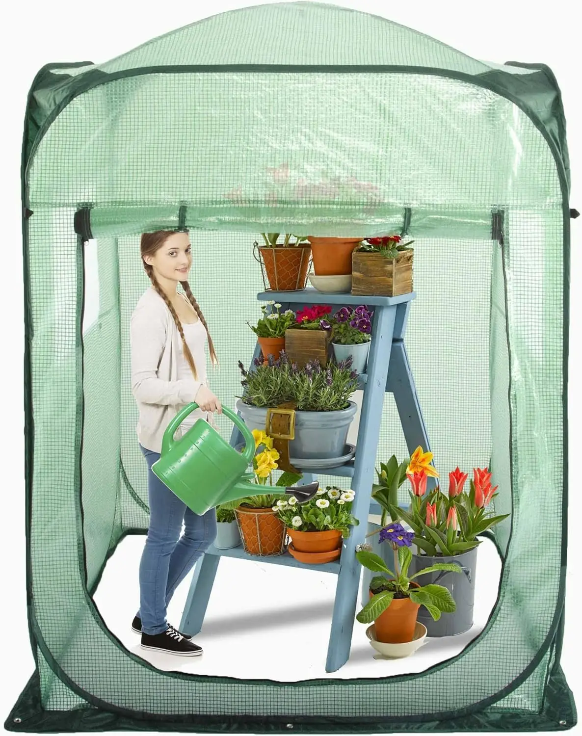 

Portable Pop-Up Greenhouse Tent, Large Walk-In Plant House for Indoor Outdoor Gardening with PE Mesh Cover