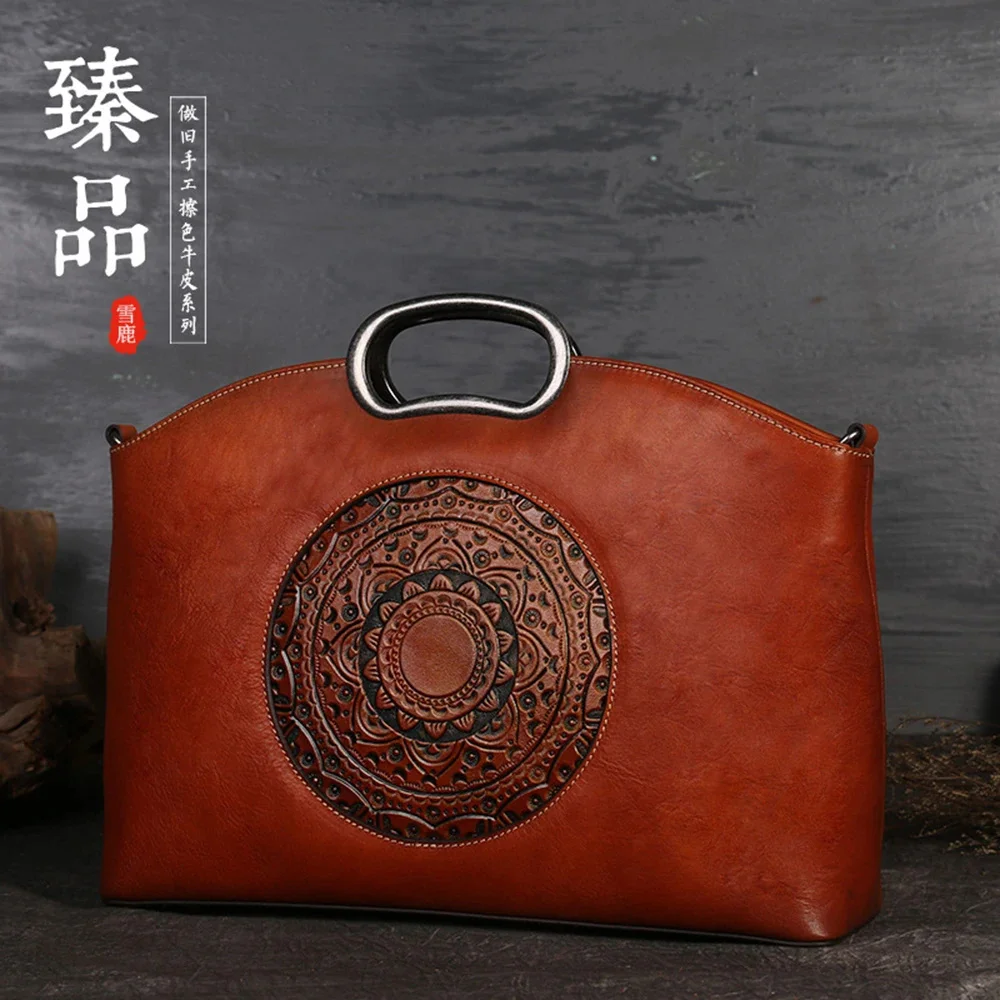 

Women Cross body Messenger Shoulder Tote Bags Genuine Leather Totem Pattern Embossed Female Real Cowhide Top Handle Bag Handbag