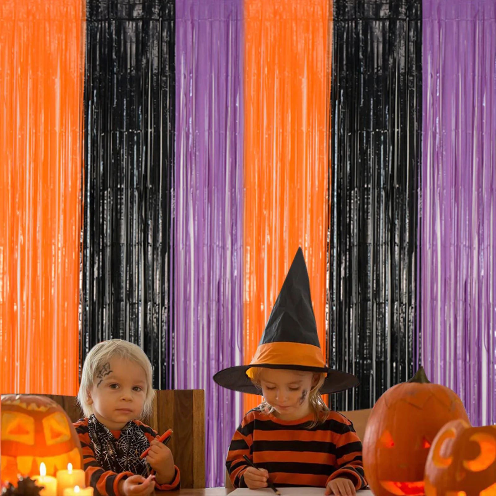 Tricolor Black Orange With Purple Foil Fringe Curtain Door Curtains Photo Booth Back-Drop For Halloween Decoration Party Decor