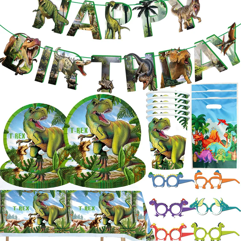 Forniture per feste di compleanno di dinosauri Stoviglie giurassiche Piatto Tazza Sfondo Palloncini Buon compleanno Banner Ragazzo Dinosauro Bomboniere