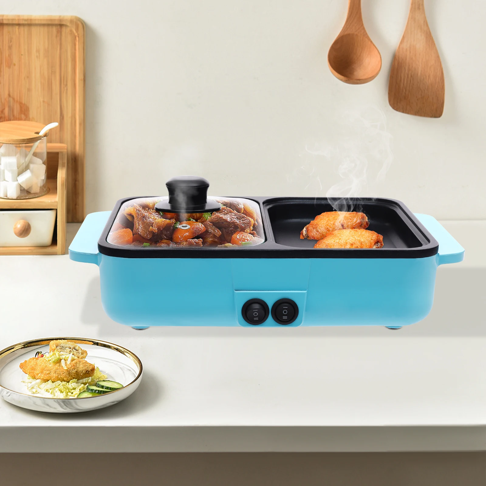 Olla caliente de acero inoxidable con parrilla, olla caliente eléctrica azul de 110V y sartén independiente 29*22*11cm para barbacoa, freír