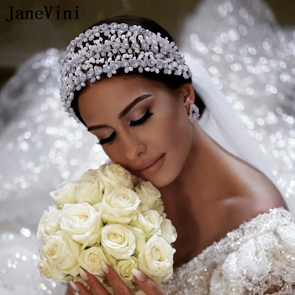 

JaneVini Luxury Rhinestone European Bridal Headwear Women Evening Party Tiaras Crowns Crystal Pearls Wedding Jewelry Accessories