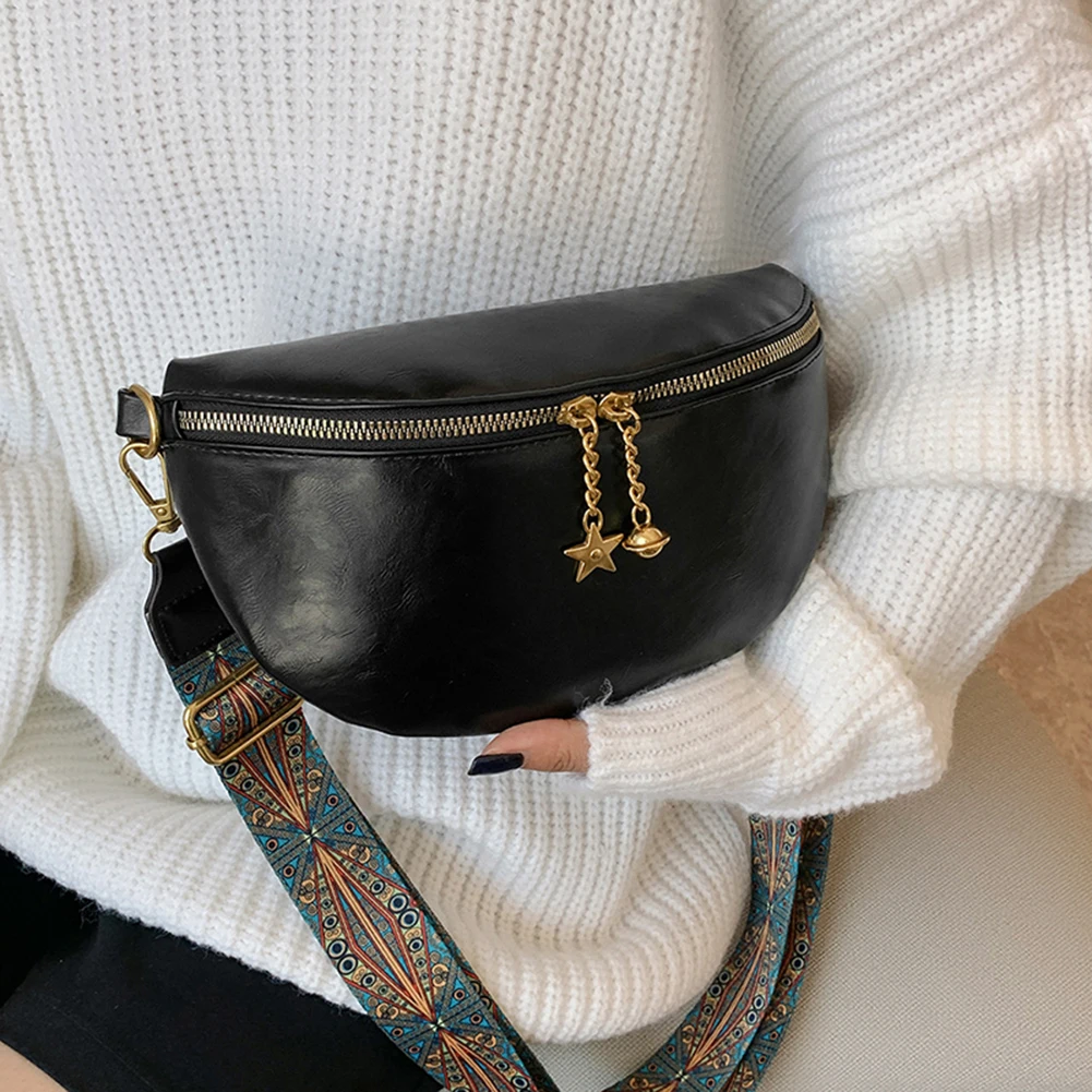 Fashion PU Leather Women Waist Bag Vintage Print Wide Strap Fanny Pack Ladies Solid Color Crossbody Bag High Quality Banana Bags