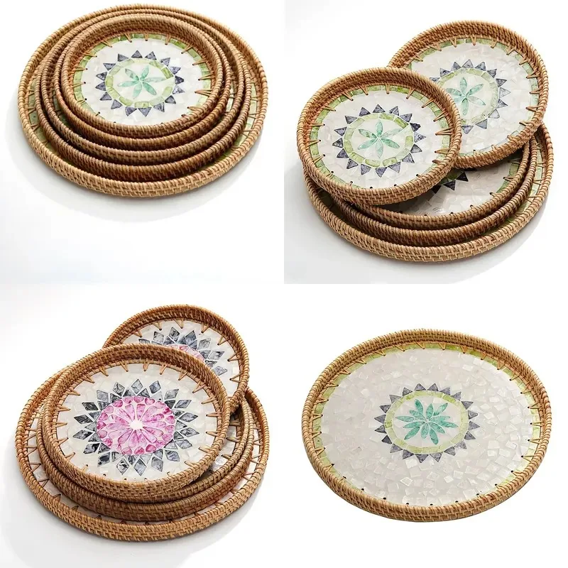 Bamboo woven round color tray shallow snacks fruit bread storage shell pot mat