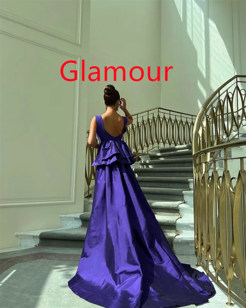 Maßgeschneidertes exquisites lila Jersey-Abendkleid, Temperament, U-Ausschnitt, Flügelärmel, ärmellos, rückenfrei, offener Rücken, Heimkehrkleid