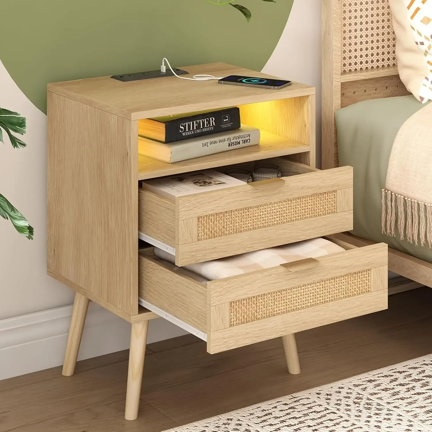 Rattan Nightstand with Charging Station USB Port Led Lights and 2 Storage Drawers, Bedroom Furniture Night Stand Bedside Table E