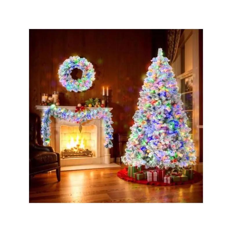 

Набор рождественской елки из флока снега длиной 6 футов с подсветкой, гирляндой и венком, предварительно освещенная навесная рождественская елка с красочными светодиодными фонарями, 8 режимов,