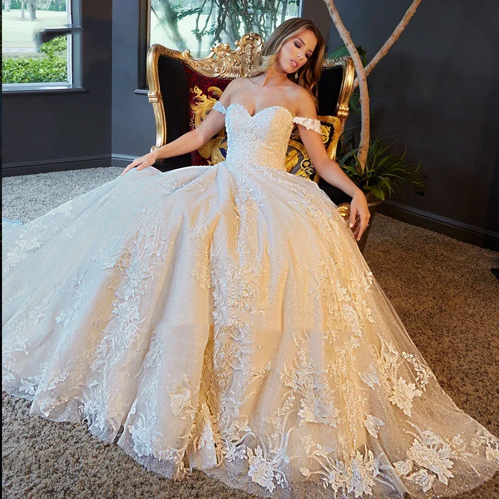 

Customized Elegance Off The Shoulder Sweetheart Neckline A Line Wedding Dresses With Chapel Train vestido de noiva