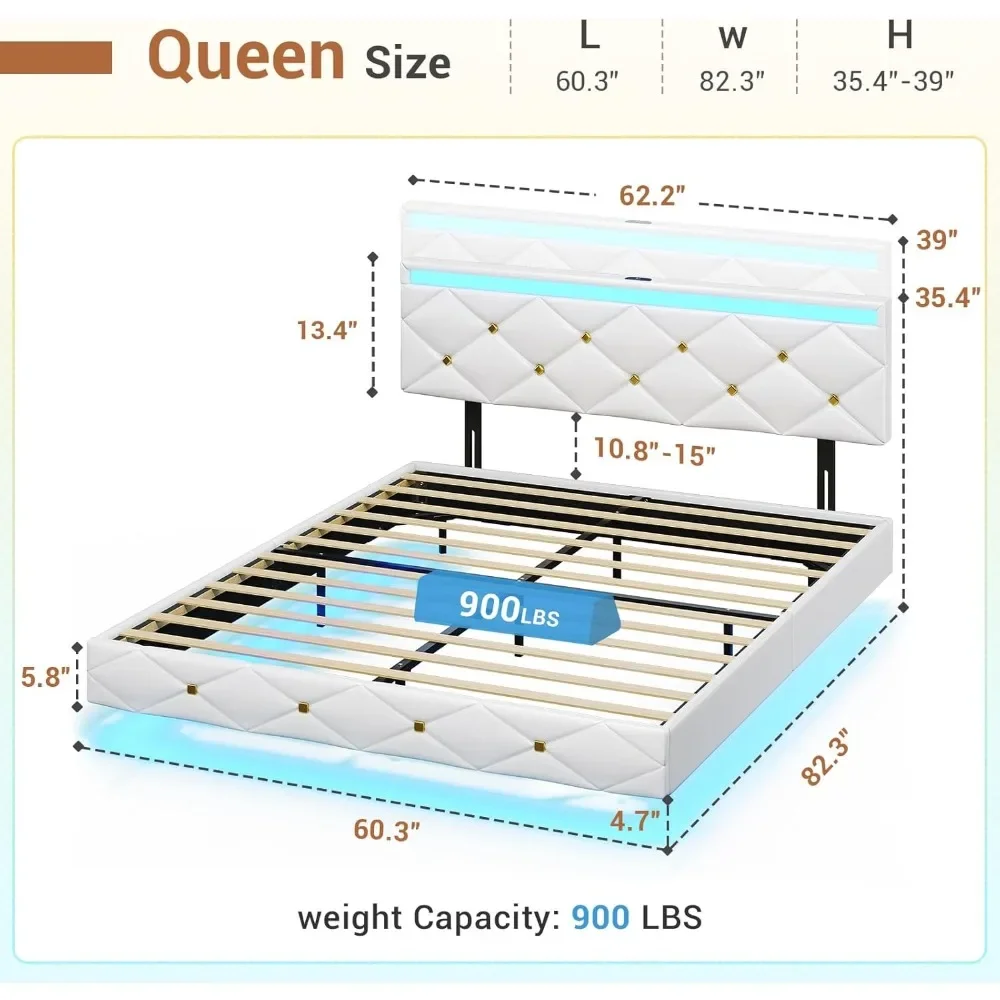 Rama łóżka pływającego Hasuit w rozmiarze queen-size z oświetleniem LED i stacją ładującą, nowoczesne łóżko typu queen-size na platformie ze skóry