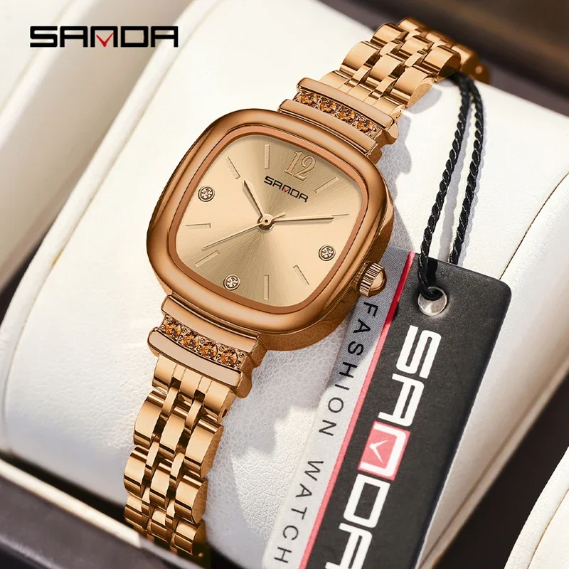 

SANDA брендовые модные маленькие квадратные женские часы с ремешком из нержавеющей стали, кварцевые наручные часы, роскошные водонепроницаемые часы для женщин, подарочные часы