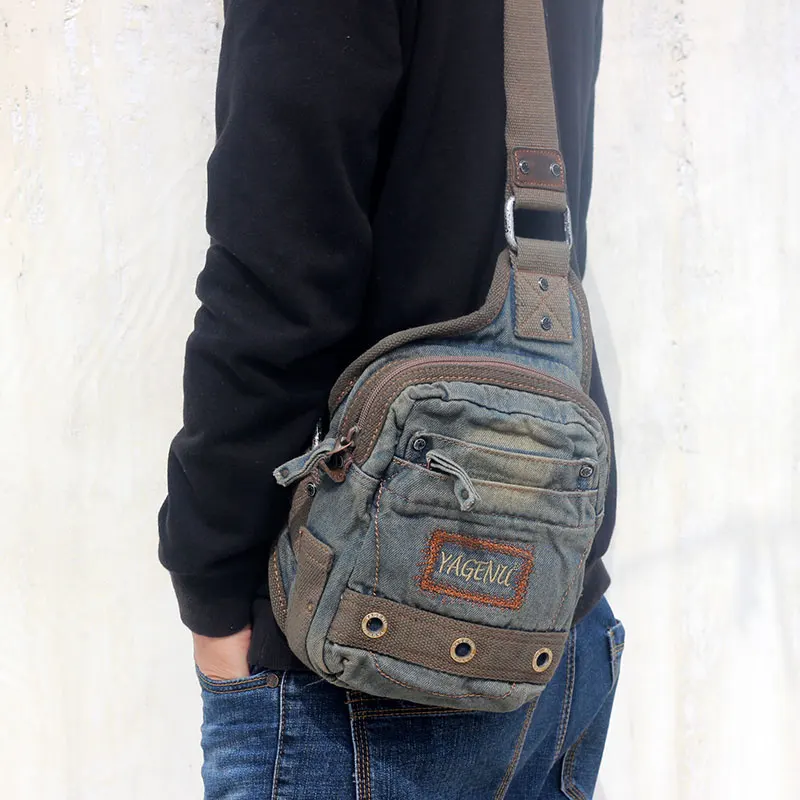 Casual Canvas Denim Crossbody Bag Unisex Vintage Style Single Shoulder Bag Sporty Trendy Sling Bag for Youth with Zipper Closure