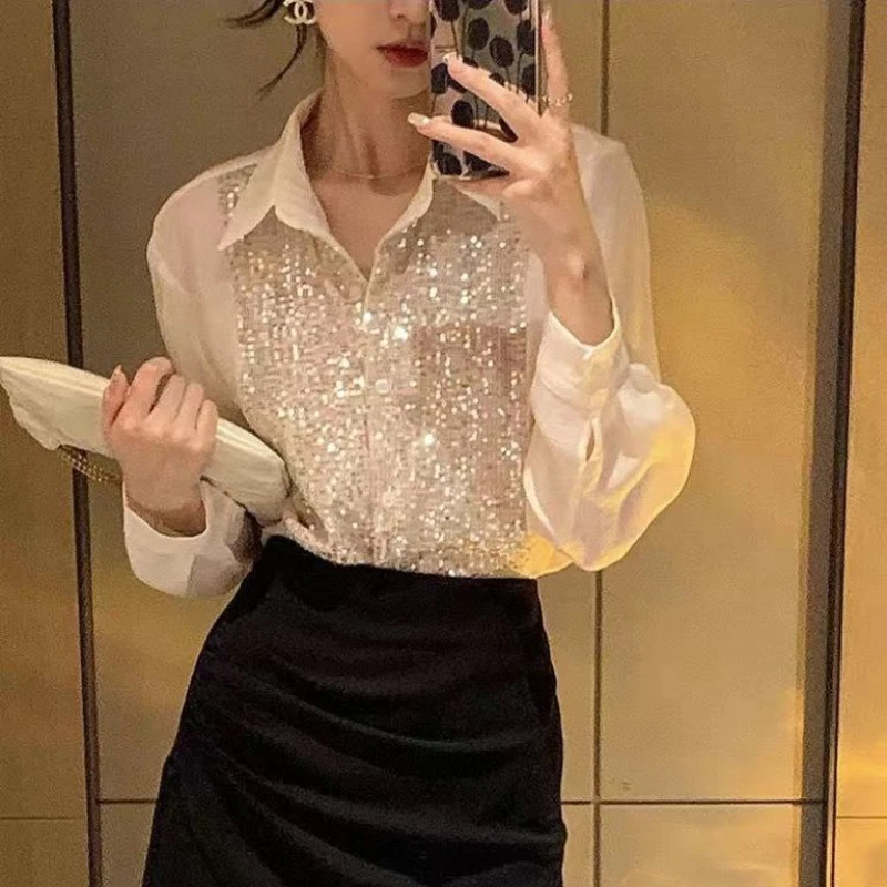 Shirts Women Chic Design Sequins New Spring Office Lady Daily Thin Camisa Sunscreen 2023 Korean Fashion Clothing Lapel All-match