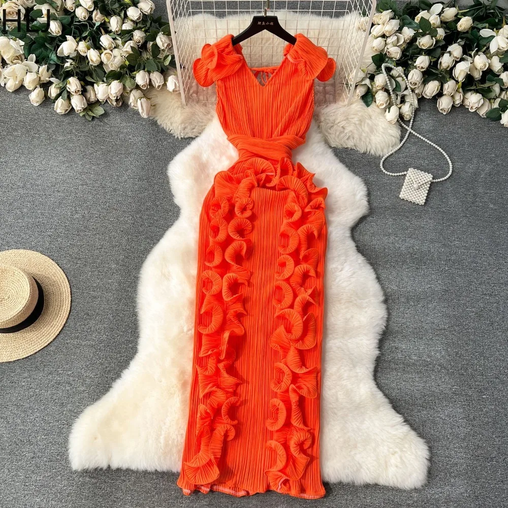 เดรสทรงบอดี้คอนผ้ารุ่ยแต่งระบายสีพื้นแขนสั้นสำหรับผู้หญิง สไตล์สตรีทแวร์