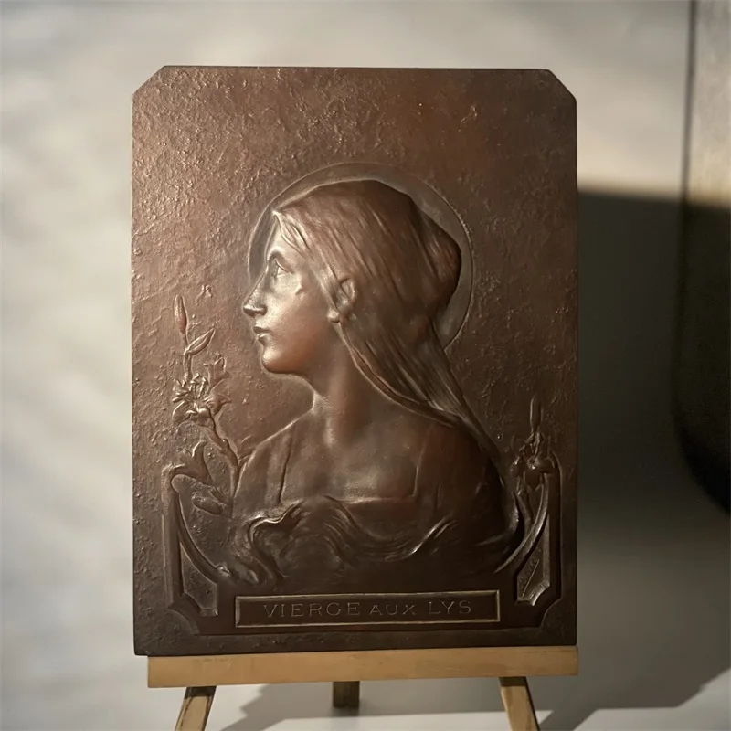 

Stone carving replica of French classical high-value European style girl holding lily medieval relief church art