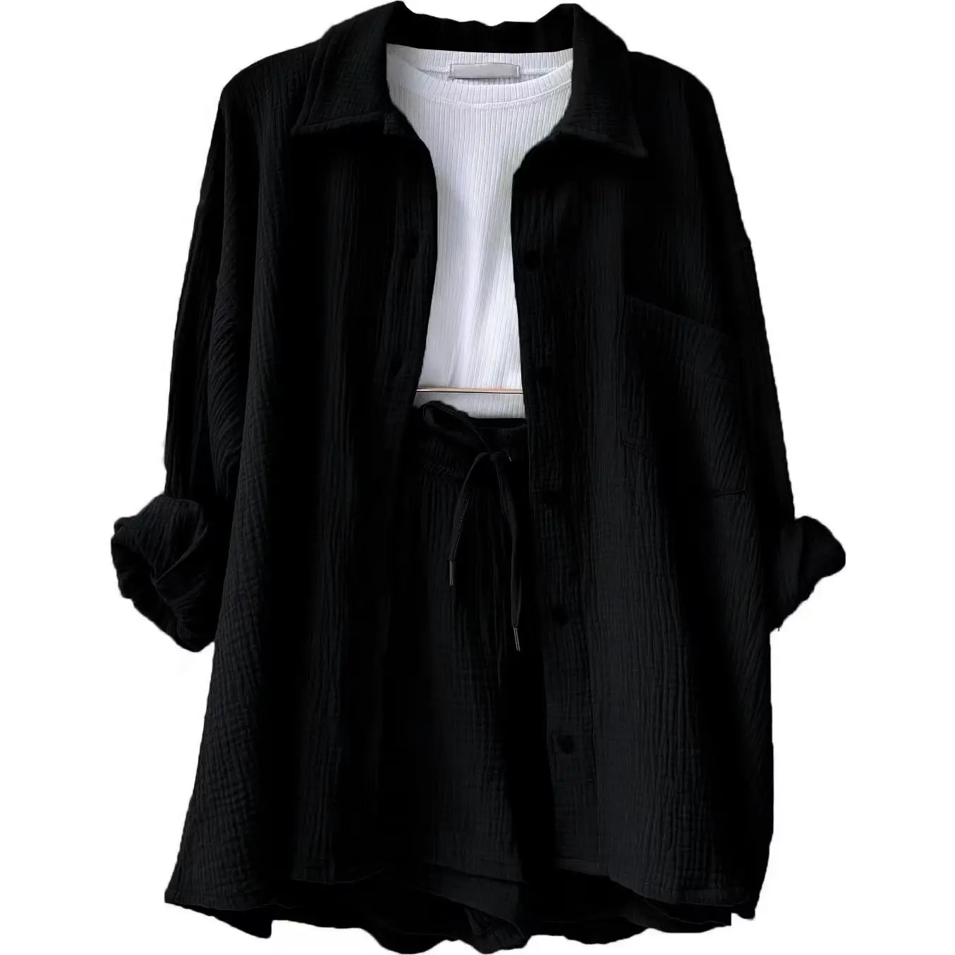 Casual Two Piece Sleepwear Cotton Pajamas for Women Turn-Down Collar Sleep Tops Suits with Shorts Gauze Cardigan Homewear Autumn