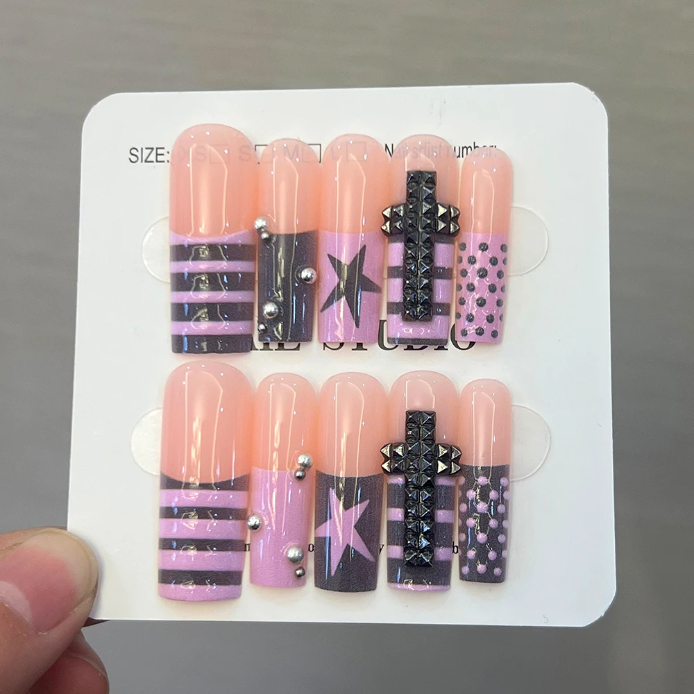 10-piece handcrafted Y2K-style rectangular 3D gel polka dot French manicure stickers, with star and pearl decorations included view 3