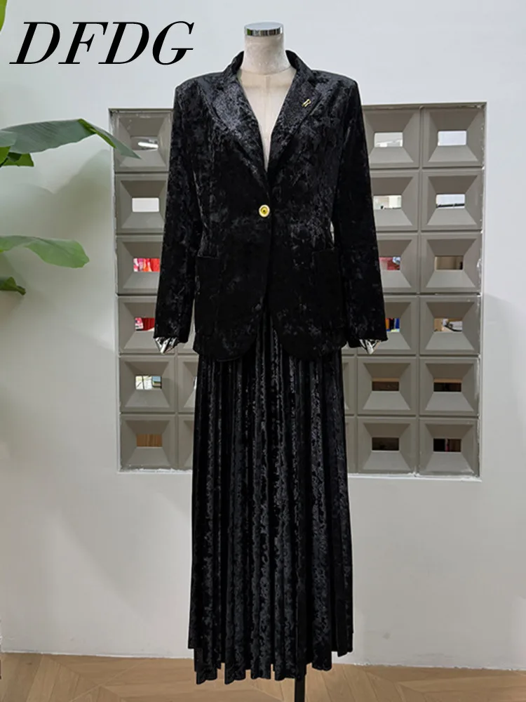 

DFDG женский бархатный пиджак 2025 года, плиссированная юбка, костюм с эластичной резинкой на талии, модный шикарный офисный банкетный наряд, осенне-весенний комплект