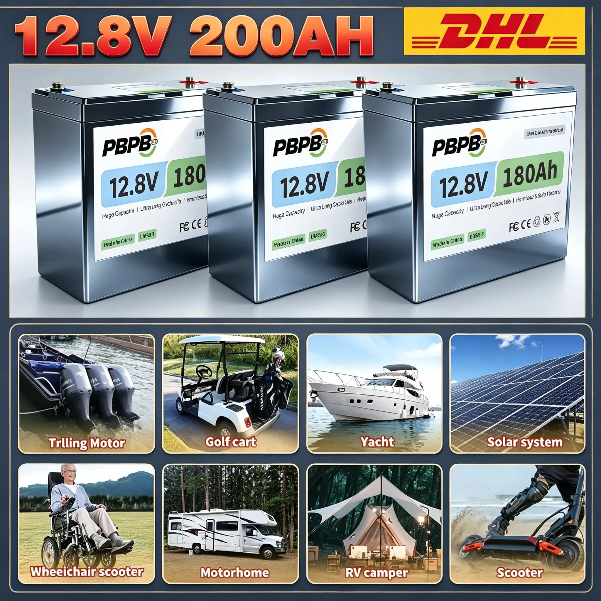 12V 180Ah LiFePO4 Battery 3600Wh Energy 180A BMS A+ Cells With 2-Year Warranty,UL1973,For RV, Van, Trolling Motor,Camp