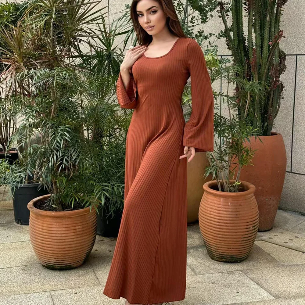 Spring Autumn Full Sleeve Casual Maxi Dress Women Knitted Extra Long Dresses Muslim Modesty Arabian Dresses Women's Clothing