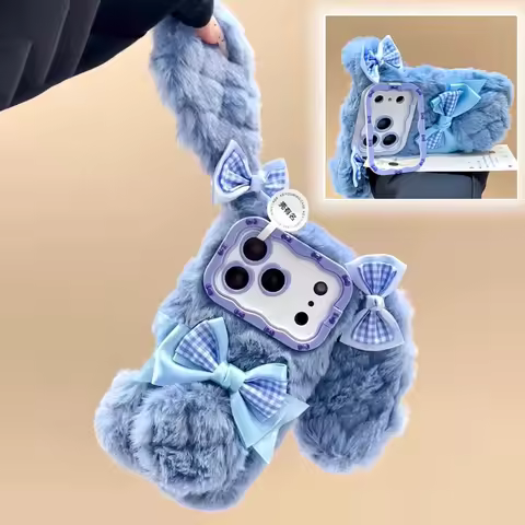 new plush rabbit grid bow with bracket Phone Case For iPhone 15 16 17 Pro Max Plus Furry Bunny Warm Cover Christmas gift