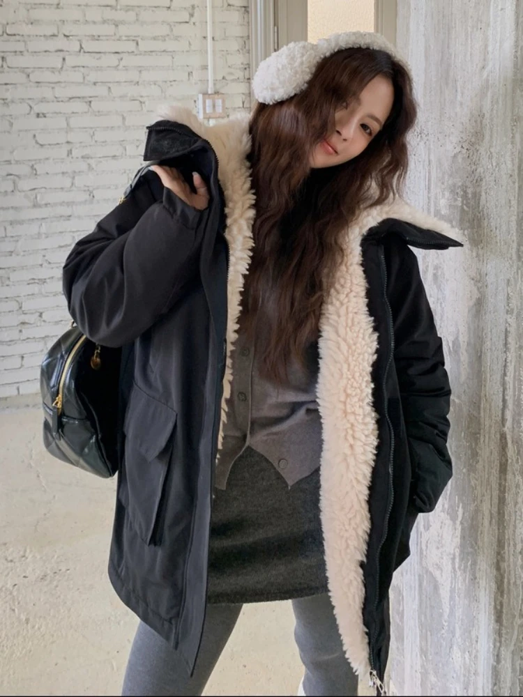 Vielleicht 2025 Army Green Lamb Wool Liner Cotton Padded Winter Jacket Women's Clothes Fashion Korean Style Puffer Jacket Coat