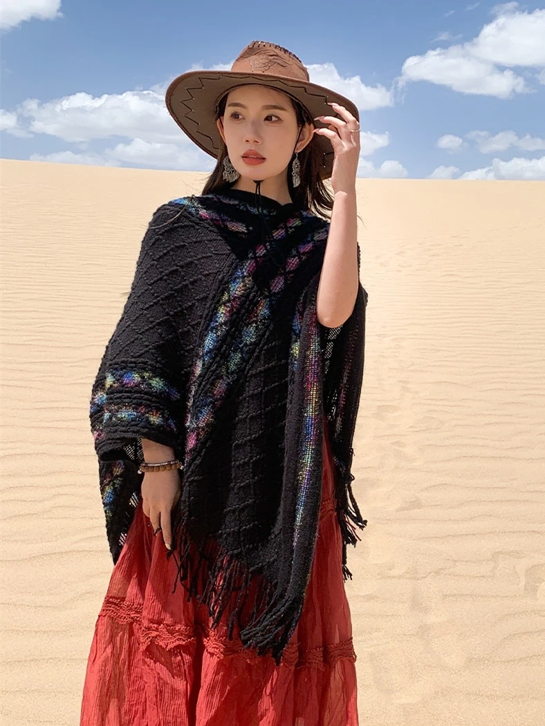 Imitat-Kaschmir-Poncho für Damen, Strickwickel im Ethno-Stil, gestreifter Quastenschal, warme mongolische Mode, Herbst und Winter