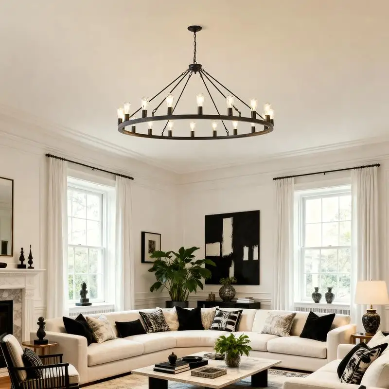 53" Black Wagon Wheel Chandelier, 18-Light Fixture (No Bulbs) - E26 Base