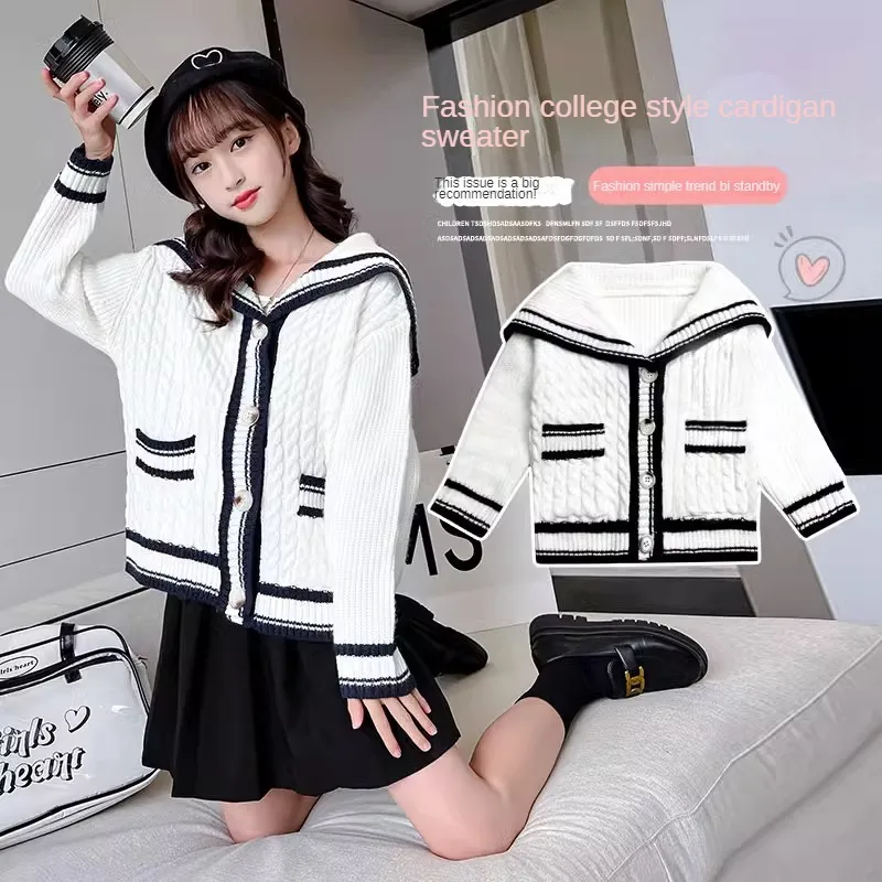 

3-14 Years Old Young Girl Spring Autumn New Knitted Coat 2023 Trendy Preppy Style Sailor Collar Korean Style Sweater Cardigan