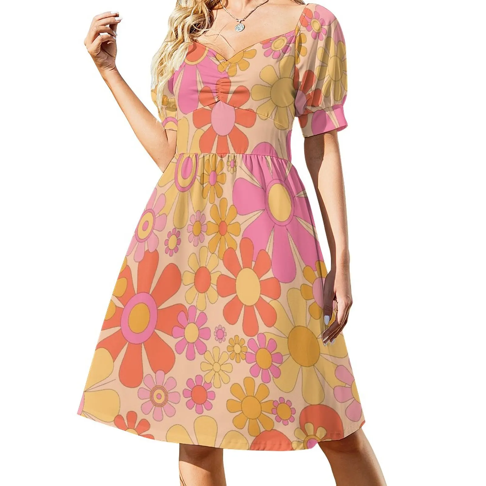 

Retro Garden Flowers 60s 70s Floral Pattern in Muted Orange Pink Yellow Apricot Sleeveless Dress summer outfits for women 2023