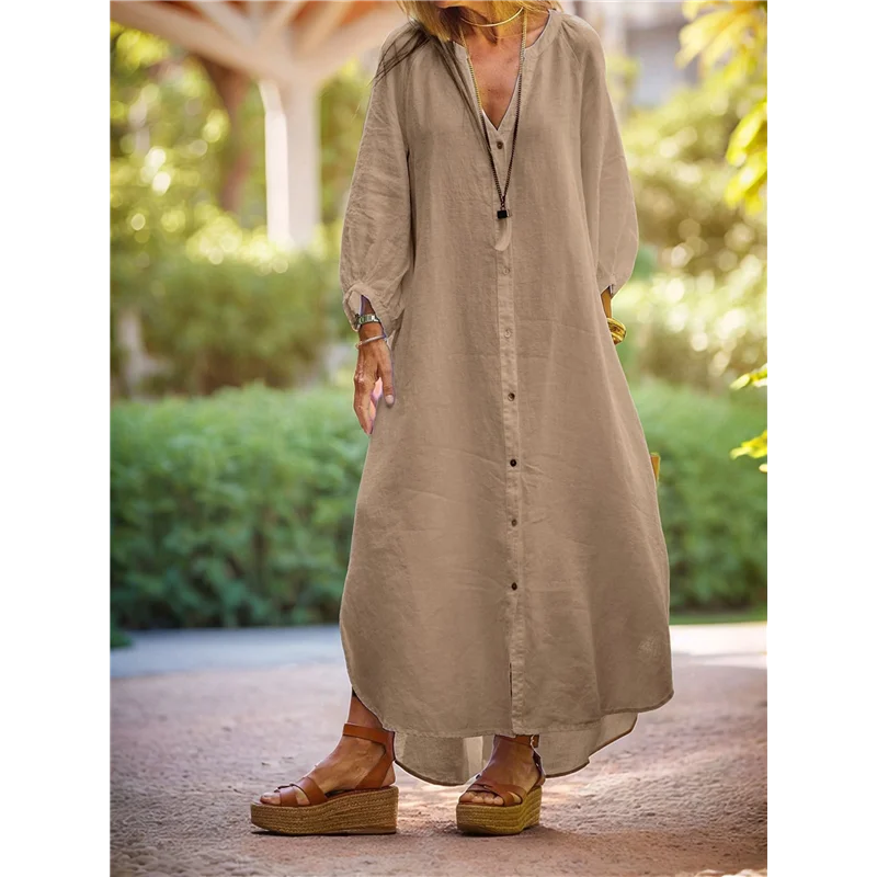 Vestido camisero de lino largo con cuello de manga larga de verano para mujer Vestido recto tipo túnica con botones sueltos