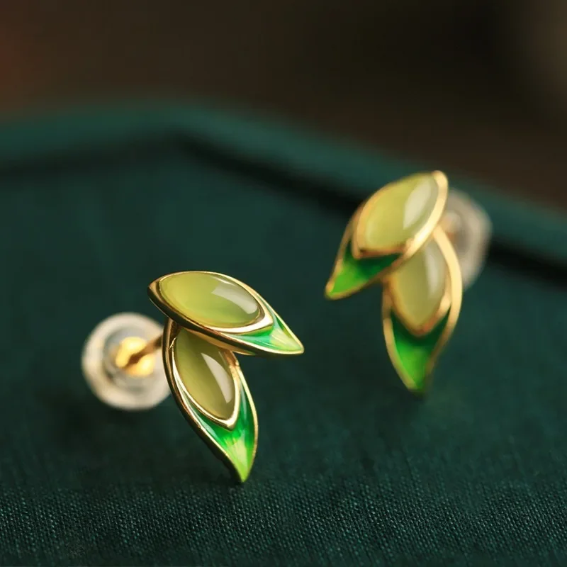 

New in Fresh Natural Hotan Jade Bamboo Green earings stud Female Chinese Style Simple earrings for women Fine Jewelry