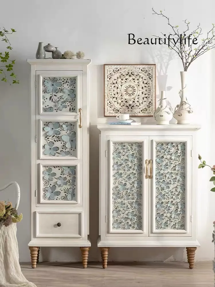 

Nordic Cream Style Solid Wood Entrance Cabinet Vintage Engraving Storage Cabinet
