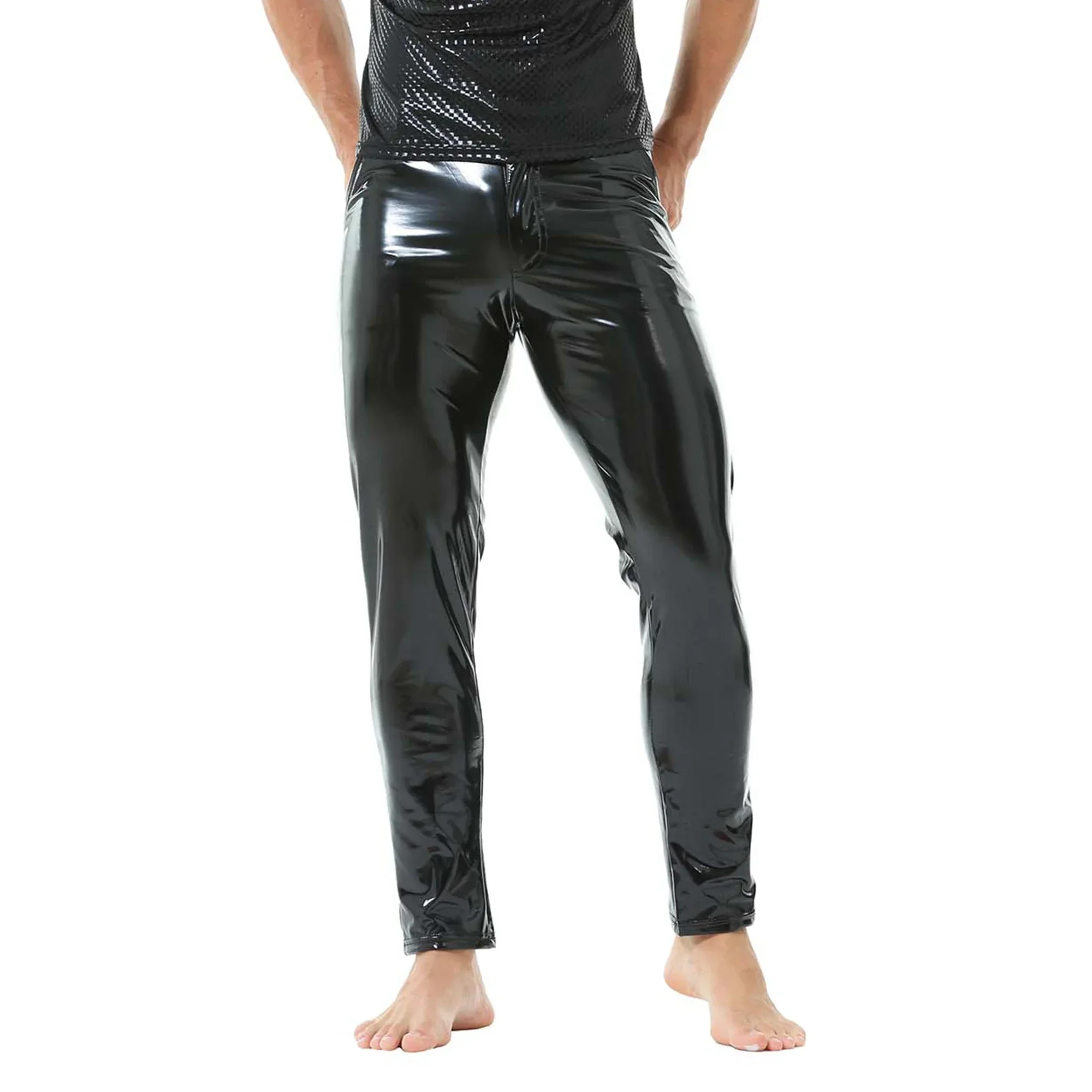 Men's Sexy Shiny Pockets Trousers Male Solid Color PVC Leather Wet Look Pants Fetish Tight Bright Nightclub Pole Dance Costumes